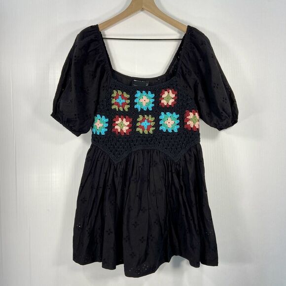 ASOS Dresses & Skirts - NWT Asos Black Mini Dress Granny Square Crochet Bodice Puff Sleeve Womens 0‎